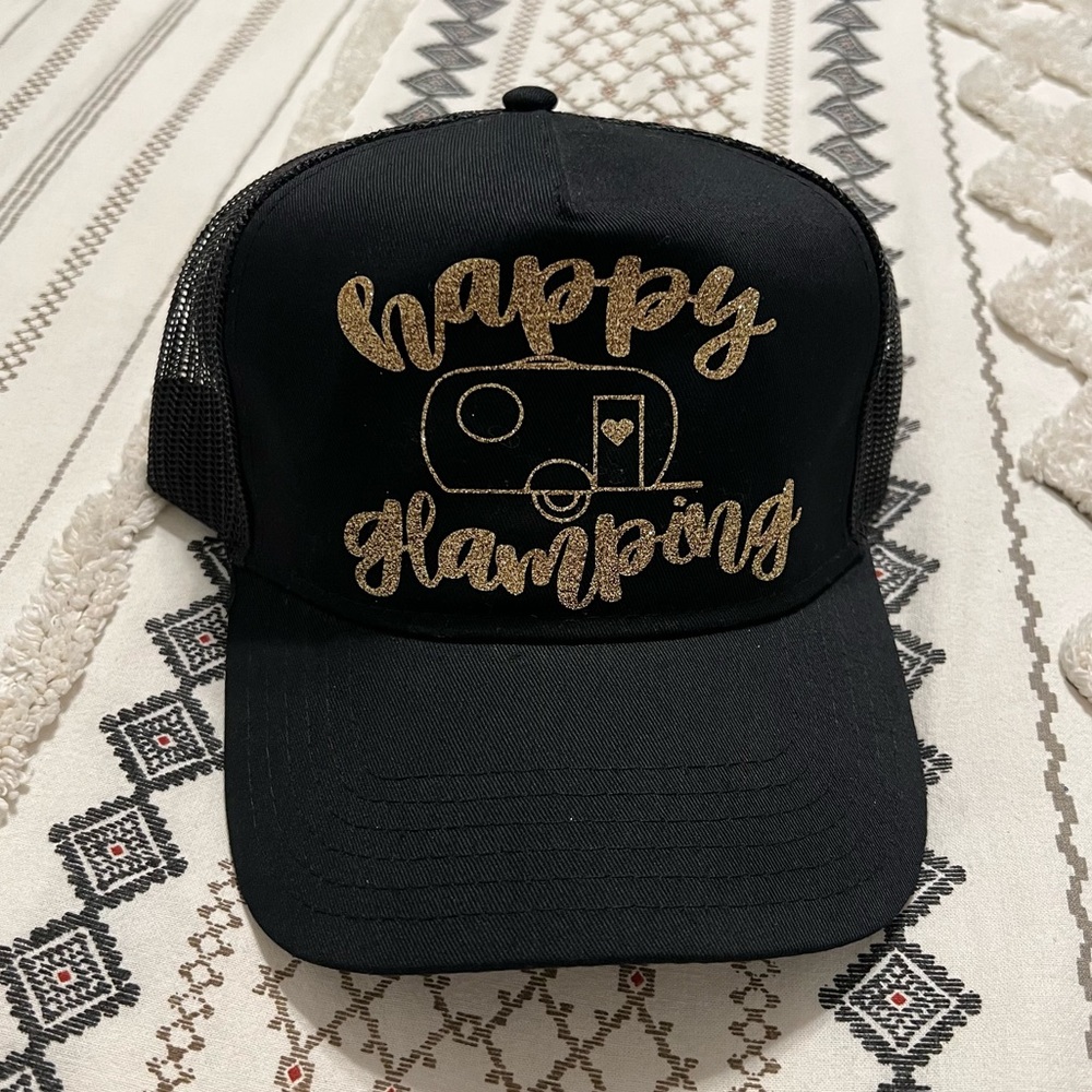 NEW! Happy Glamping Gold Glitter Camping Black Trucker Hat